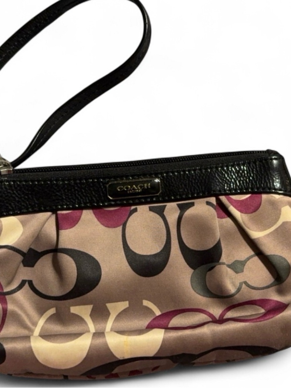 Coach Signature Logo Wristlet in Tan, Black & Burgundy